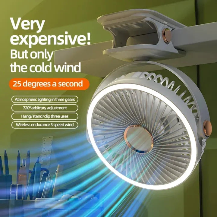 720° Wide Angle Rechargeable Desk Fan with LED