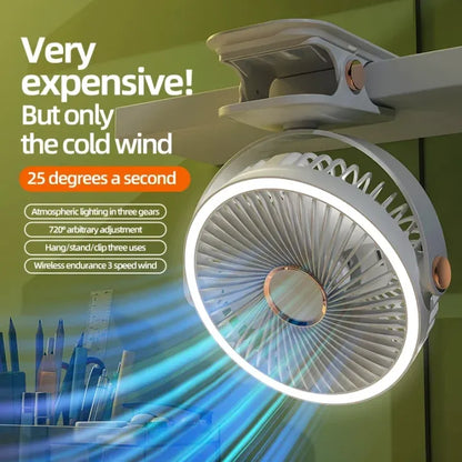 720° Wide Angle Rechargeable Desk Fan with LED Light