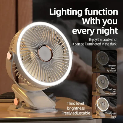 720° Wide Angle Rechargeable Desk Fan with LED Light