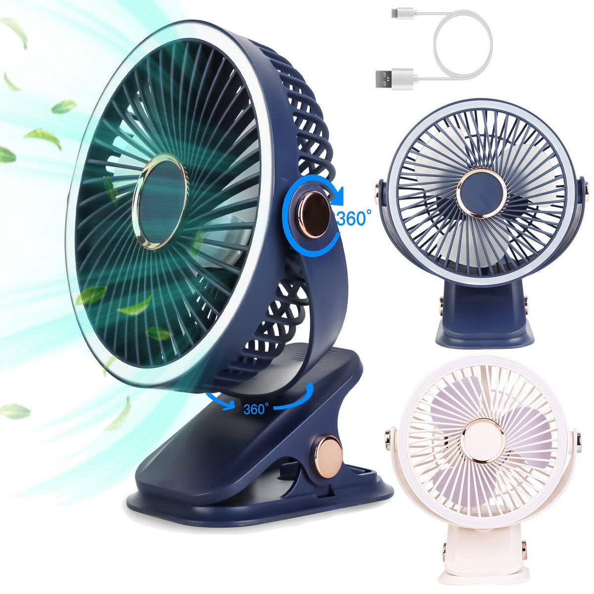 720° Wide Angle Rechargeable Desk Fan with LED